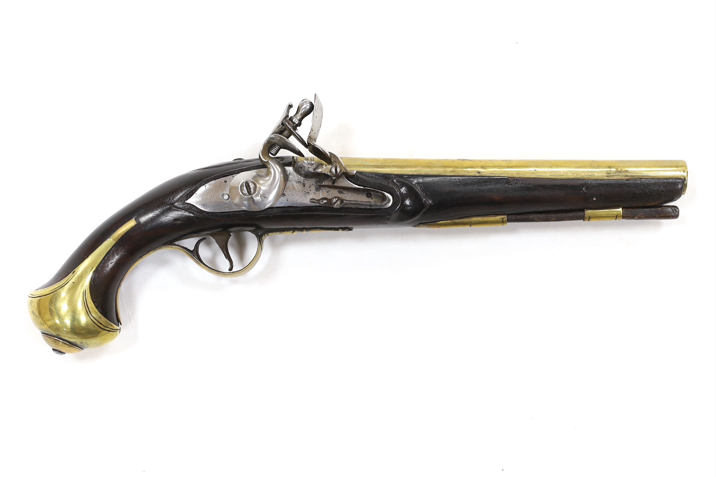 A composite 20 bore brass barrel, flintlock holster pistol, fitted with brass mounts, long spur butt cap and fully stocked